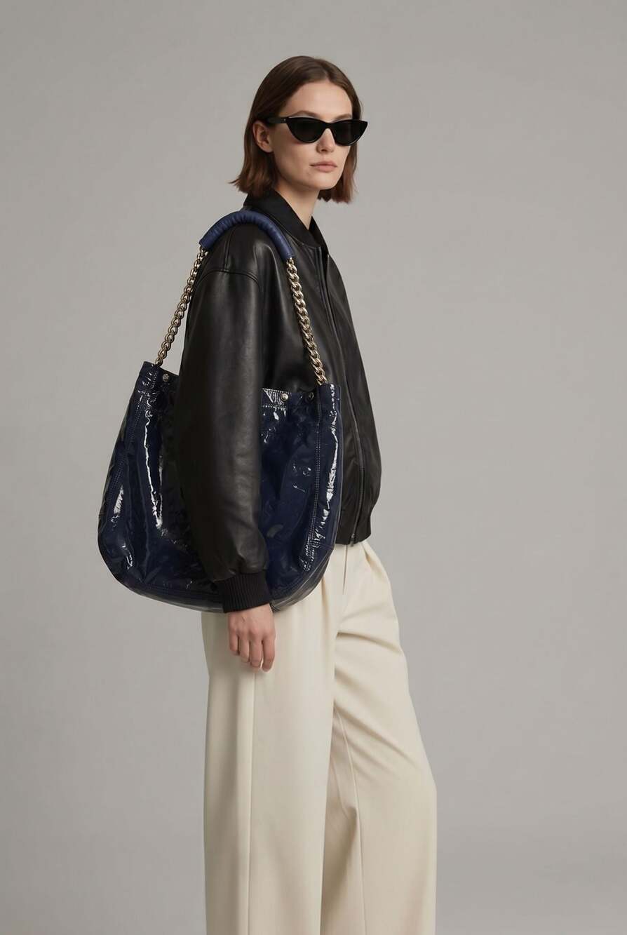 Furla Navy Blue Patent Leather Chain Strap Tote Bag